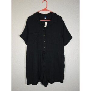 NWT Old Navy Collared Shorts Romper Gauze Drawstring Waist Size XL Black